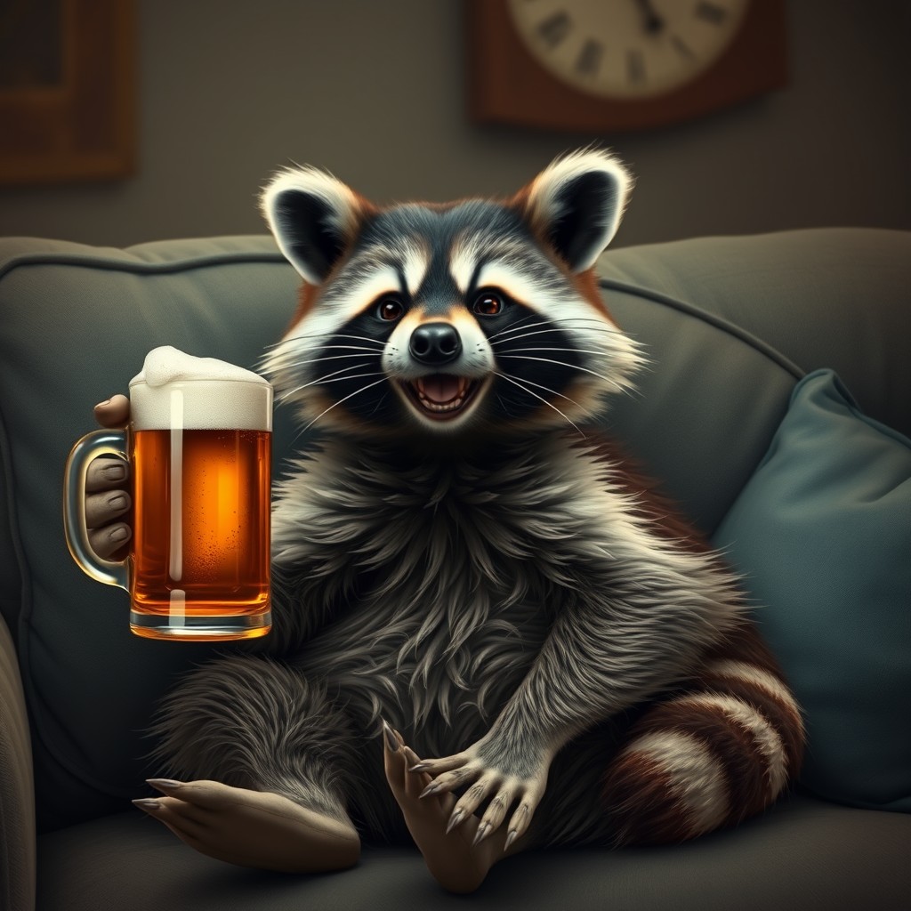 raccoon sits on the couch and holds a mug of beer in his hand, smile, realistic style, realistic photo - Image