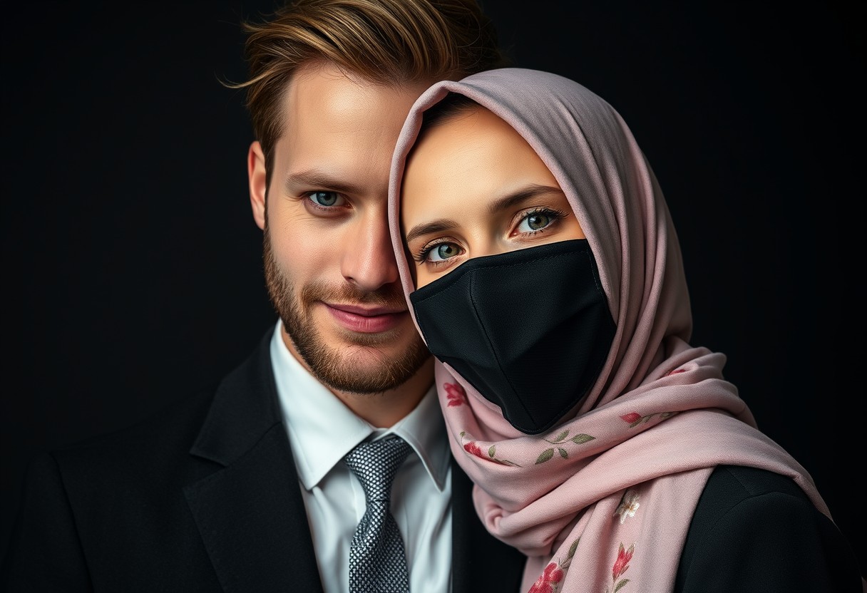 Jamie Dornan's head and body shot, handsome, young, shy smile, white shirt half buttoned, grey patterned tie, black coat suit, dating love with the biggest soft pink hijab girl, beautiful eyes, face mask black, biggest floral juba, hyper-realistic, studio photography, full photo. - Image