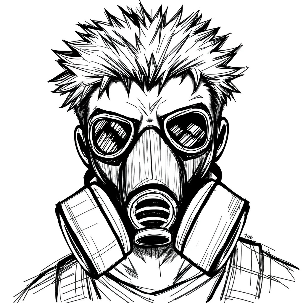 Create an illustration in the same style as the provided image, which features a character with a gas mask and distinct, sketchy line work. The character appears to have hair or fur covering the top of the head, and there are dark areas around the eyes that suggest goggles or protective eyewear integrated into the gas mask. The style is gritty and heavily textured, with cross-hatching and scribble-like lines creating depth and shadow. - Image