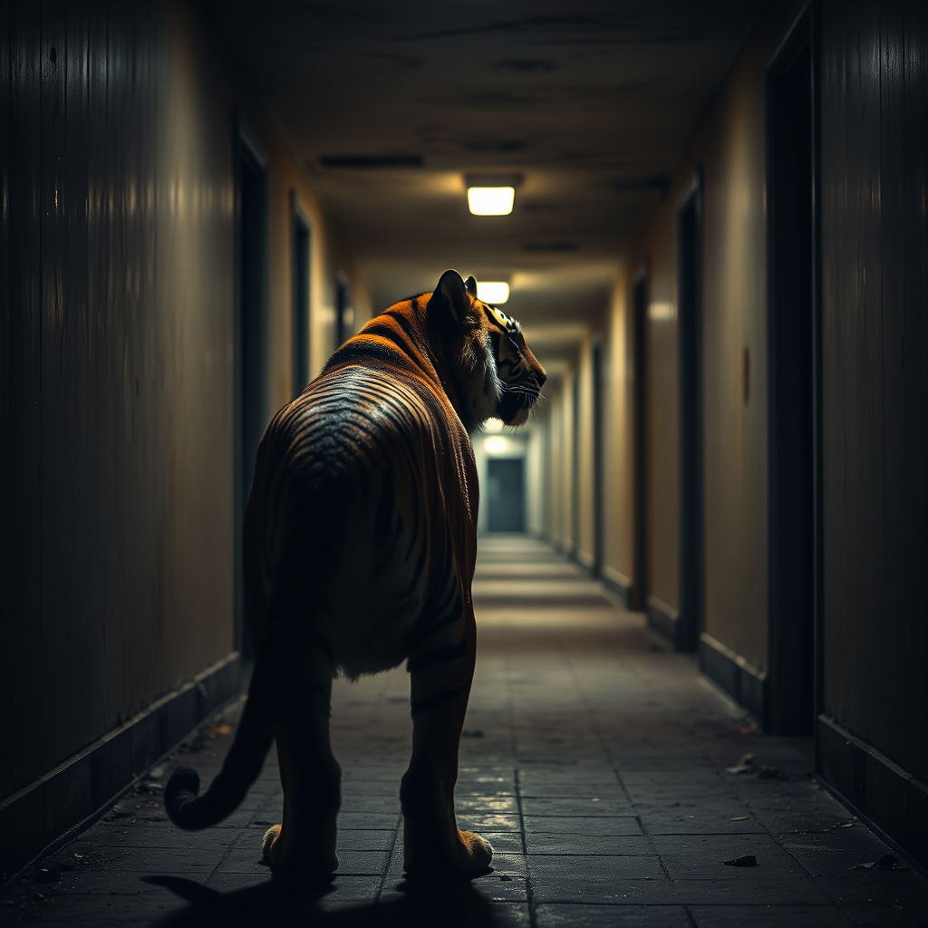 (extreme long shot), profile of a tiger standing at the end of a hallway in an abandoned and dirty hotel long hallway, damp ground. Dark, dim, soft, moody lighting, cinematic photo, focus, film, professional, 4k, highly detailed, (at night) - Image