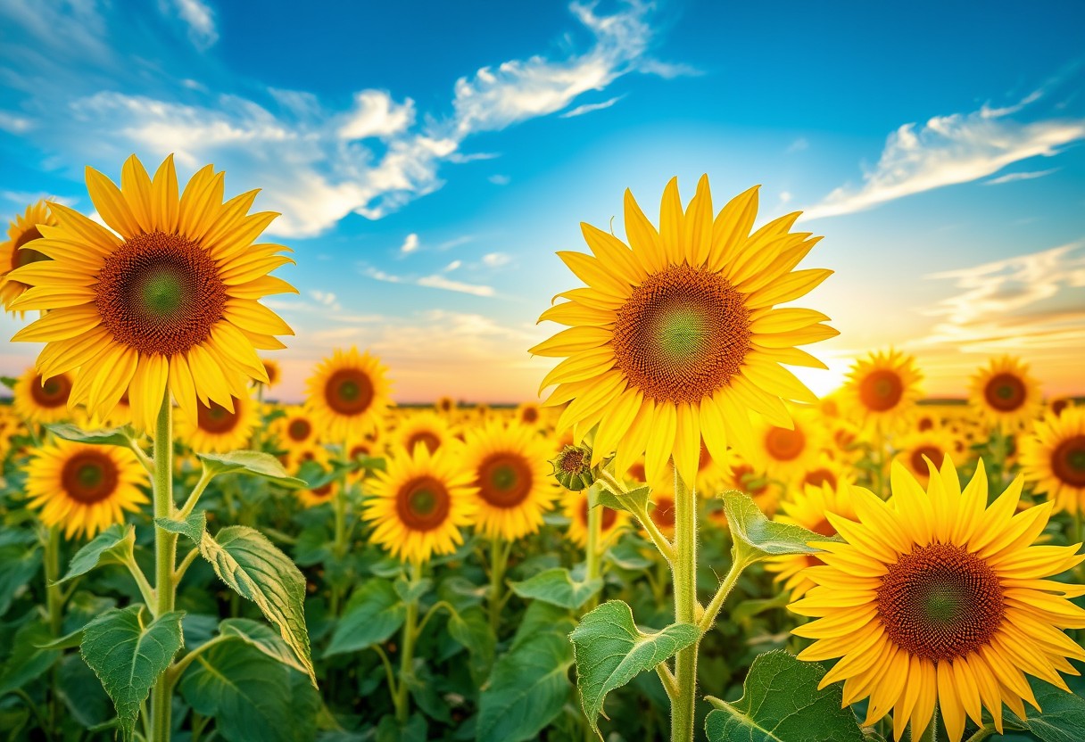 Vibrant, sunflower fields, golden blooms, high quality, photorealistic, summer, cheerful, idyllic, rural, panoramic, breathtaking, blue skies, windblown fields, sunset, floral arrangements.