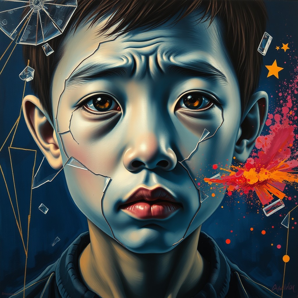 It's an oil painting in the style of Picasso's "The Weeping Woman," close up, a Chinese boy with blue skin and a broken face, surrounded by glass breakage and gold lines on a dark blue background, and a colorful explosion from the spillage of powder.