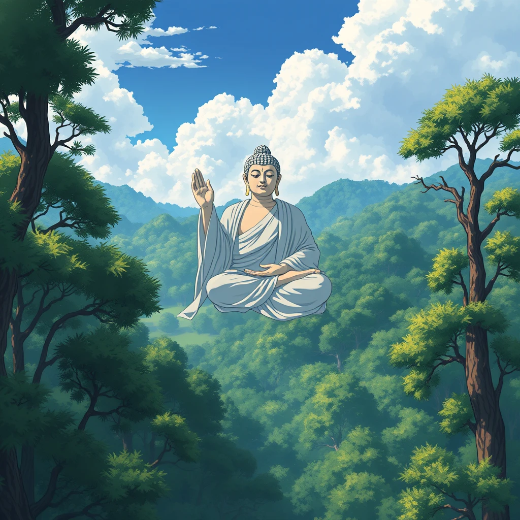 An image of Buddha in anime version, flying above an Indian forest. - Image