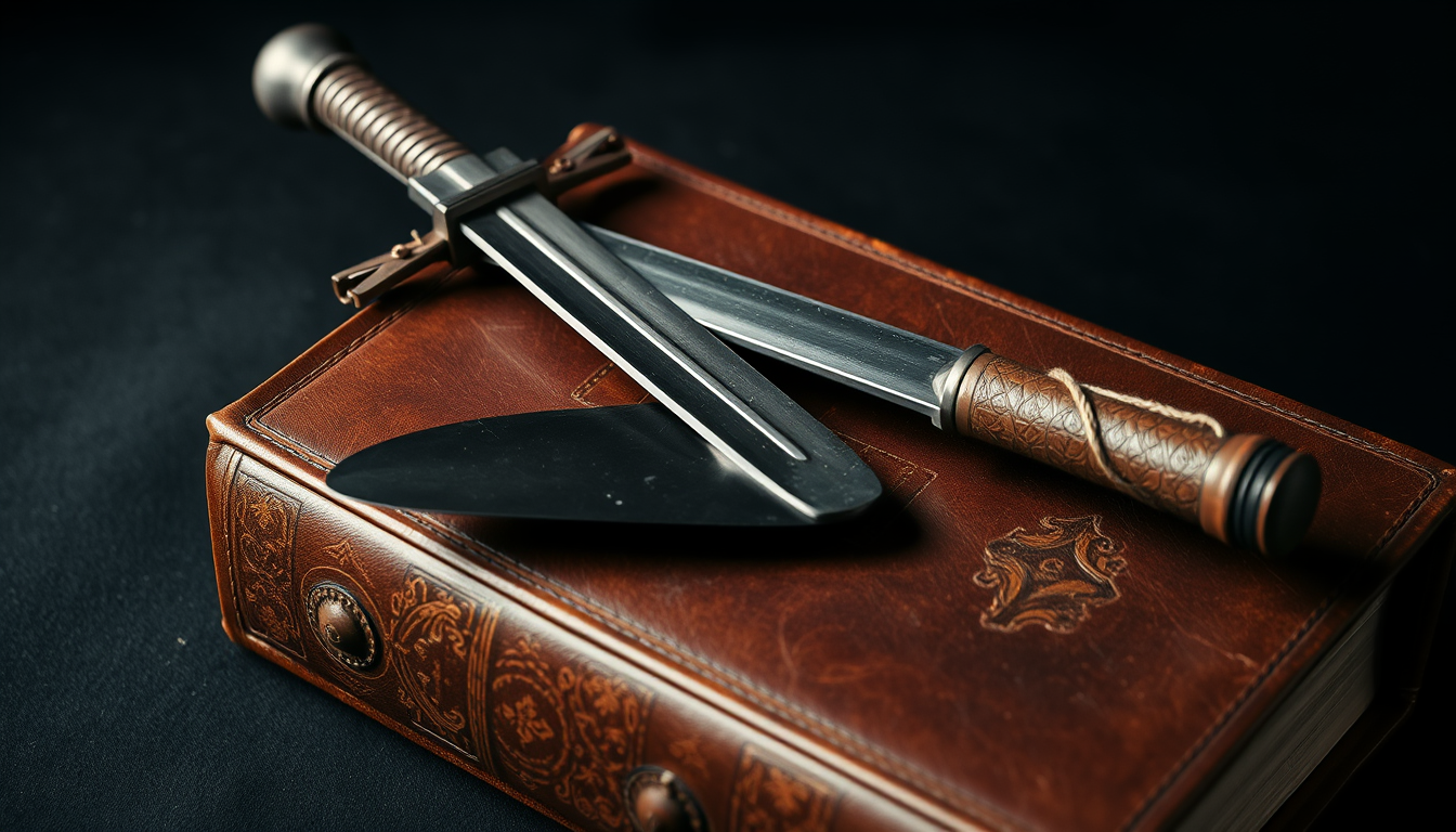 A collection of two items, a sword and a brick-laying trowel, lies across on a leather-bound antique bible resting on a dark surface. The sword rests diagonally. Next to it is the brick-laying trowel. The background is dark, emphasizing the timeless and mysterious aura of the scene.