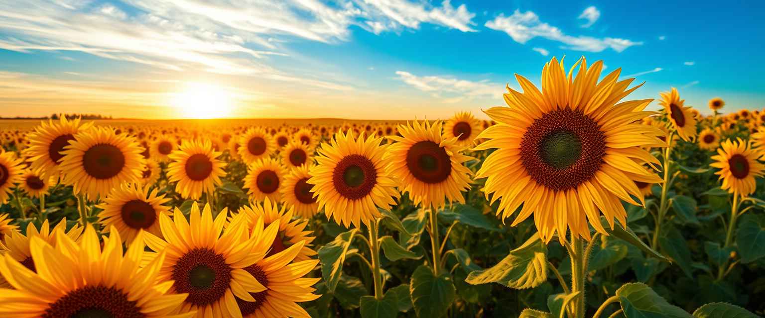 Vibrant, sunflower fields, golden blooms, high quality, photorealistic, summer, cheerful, idyllic, rural, panoramic, breathtaking, blue skies, windblown fields, sunset, floral arrangements. - Image