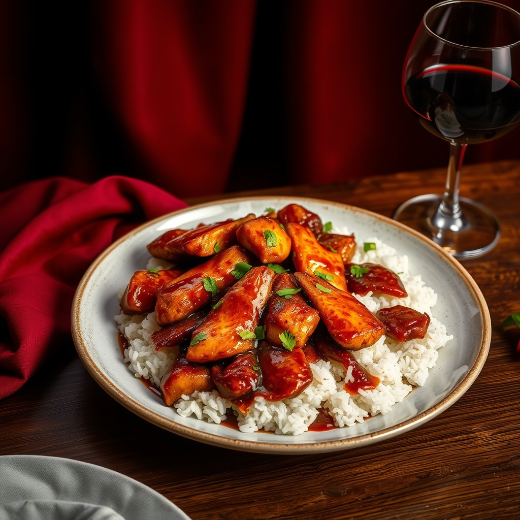 A highly detailed and sharp image of a plate of rice with Vietnamese-style caramelized catfish. The dish is beautifully plated with pieces of catfish cooked in a rich, dark caramel sauce, garnished with fresh herbs and served alongside a portion of rice. The plate is placed on a wooden table. Next to the plate, there is a glass of red wine. The background features dark areas with rich red drapes, creating a contrast that highlights the vibrant colors and textures of the dish. The overall atmosphere is elegant and inviting, capturing the intricate details of the meal and the dining setting. - Image