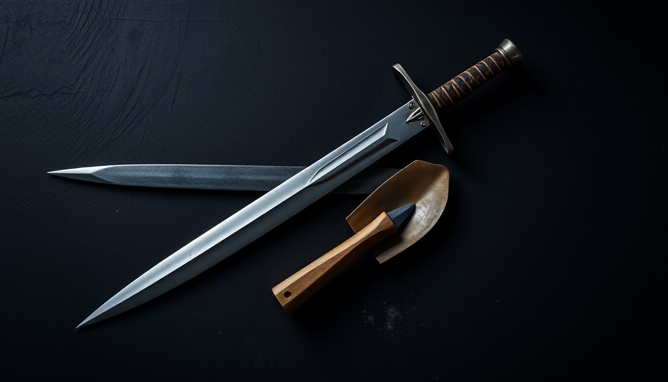 A collection of two items, a sword and a brick trowel, lies across on a dark surface. The sword lays diagonally. Next to the sword is a trowel. The background is dark, emphasizing the timeless and mysterious aura of the scene.