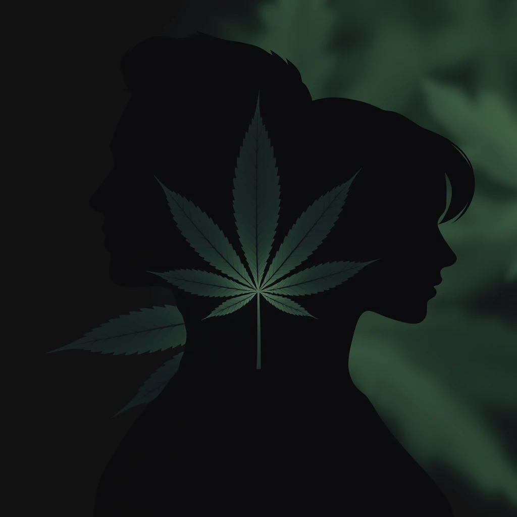 Please create a HD realistic image of a male and female full body silhouette in black and white with an image of a Cannabis leaf faded in the background. It should look like a logo and be clean, sleek, and simple yet complex in that it mustn't scream Cannabis too loudly.