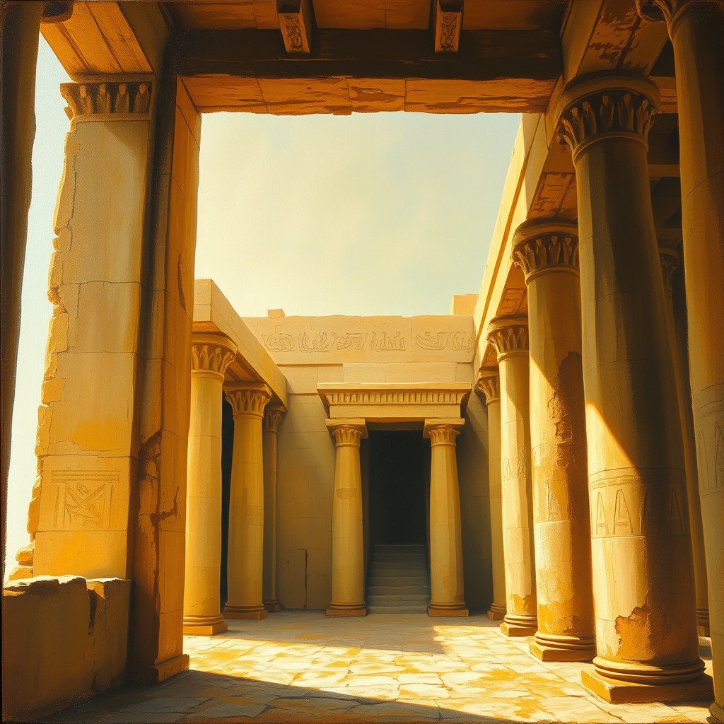 An old oil painting of an Egyptian temple. Inside. From the temple window, sunlight from the left side.