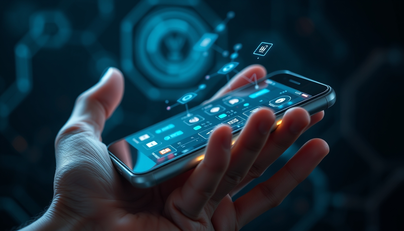 A close-up of a hand holding a futuristic smartphone, with holographic interfaces and glowing icons, set against a dark, tech-inspired background. - Image