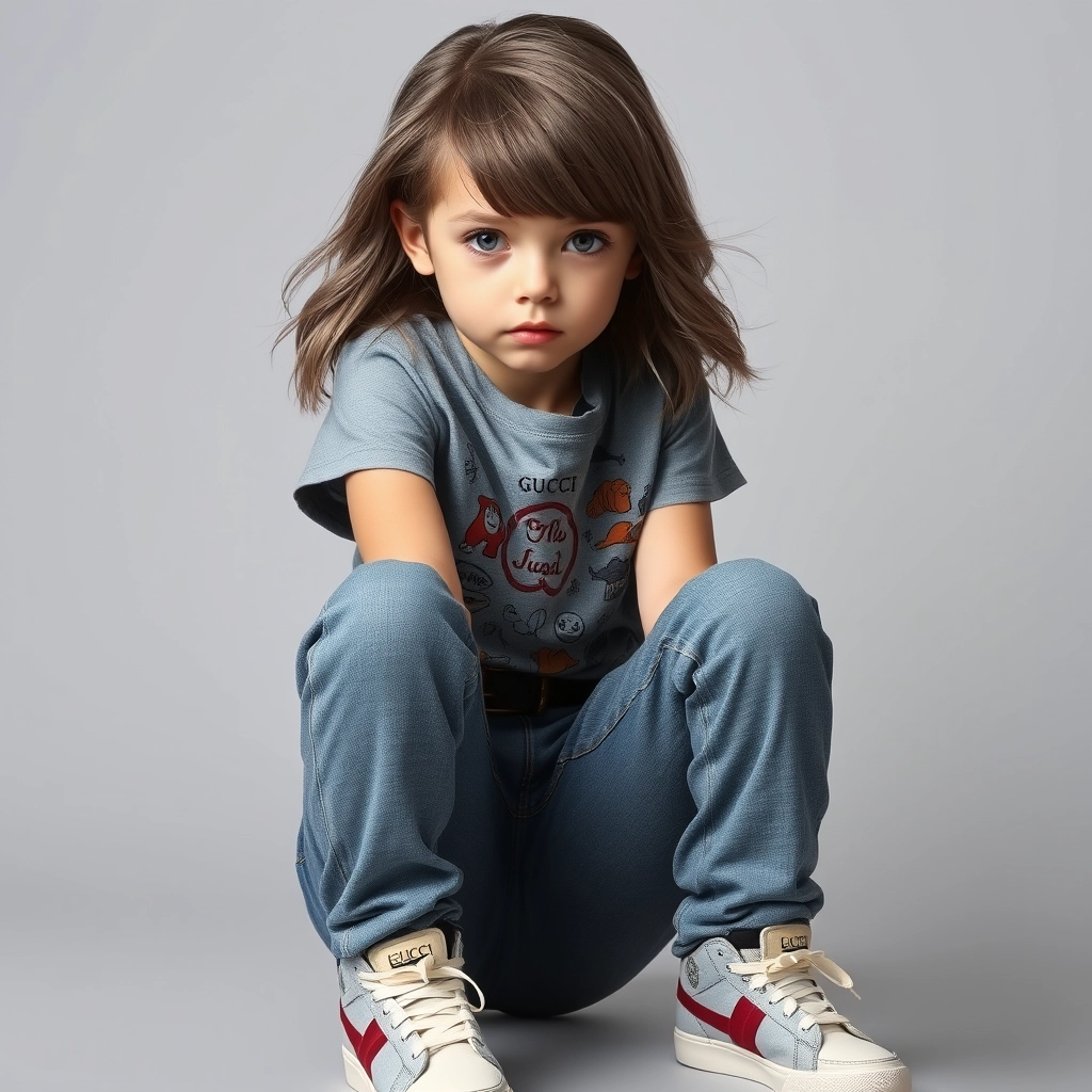 A teenage woman in a grey T-shirt with random symbols, Gucci jeans, and Gucci sneakers. Appearance: cool gray hair and large blue eyes, arrogant look. Professional photo. - Image