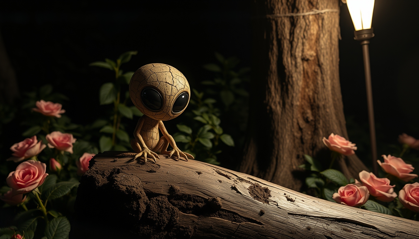 Little cute cracked wood alien void creature, charred, long wooden petals and mud, sitting on top of a log, lush garden, roses, lurking behind a tree, ultra large black dot eyes, night scene, backlit, by [Alexander Archipienko, Wendell Castle, Picasso], fantasy art, abstract, surreal. - Image