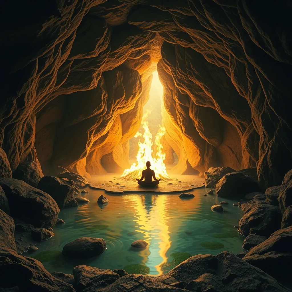 "A cave, a practitioner meditating inside, facing the flames, the spring is vibrant, and the ground is clean." - Image