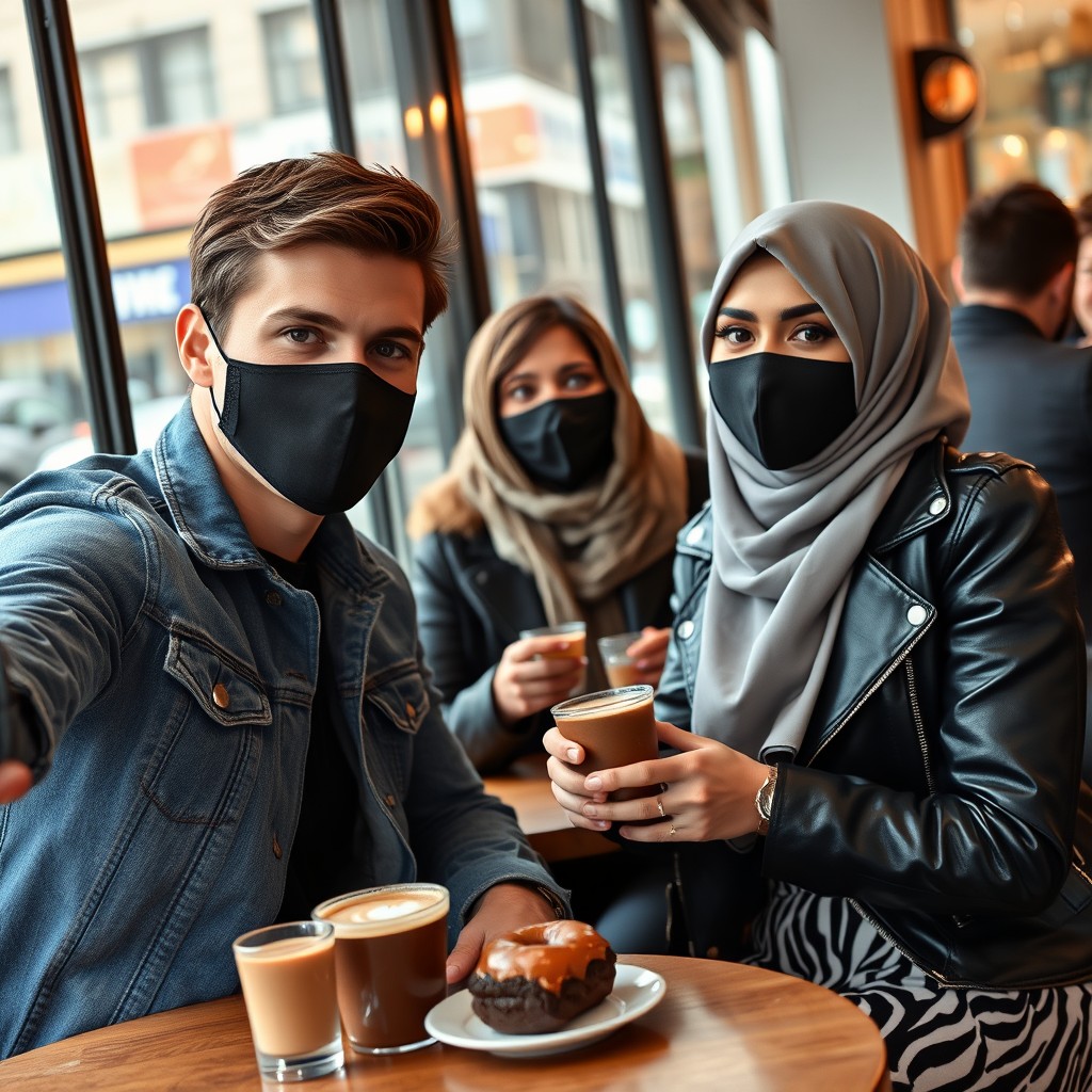 Jamie Dornan's head and body shot, handsome, black face mask, blue jeans jacket, jeans, dating a Muslim girl with a grey hijab, beautiful eyes, black face mask, black leather jacket, the biggest zebra pattern skirt, at a cafe, 2 cups of latte, muffin cake, chocolate donut on a table, with another 3 friends, photorealistic, hyper-realistic, street photography, selfie. - Image