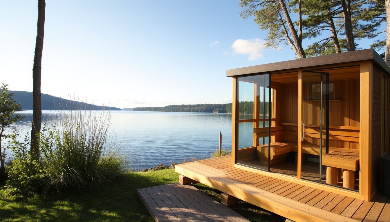 A peaceful lakeside retreat with a glass-fronted sauna overlooking the water.