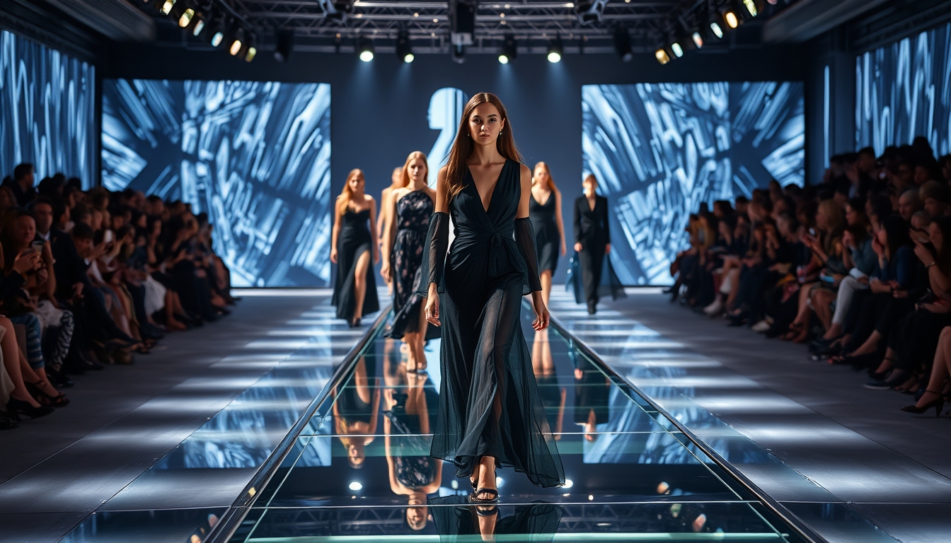 A high-end fashion show with models walking down a glass runway.