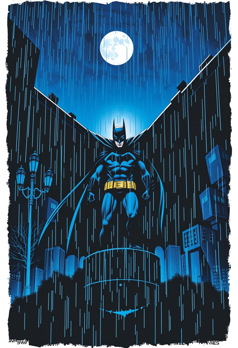 Batman rain blue night, print t-shirt design, silk-screen art by Frank Miller, center PNG art. - Image