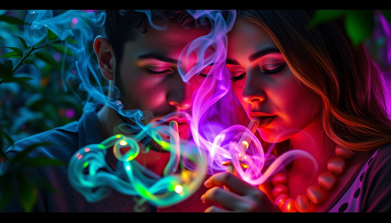 Close-up of the couple lighting up mushroom pipes; the smoke curling intricately in the air surrounding them with vibrant, swirling colors. The scene is focused on their entranced faces, eyes reflecting the kaleidoscopic colors of the smoke. Background foliage is slightly blurred, enhancing the hallucinogenic effect. A surreal and vibrant portrayal with rich greens, mystical purples, and neon shades accenting the setting. Incorporate elements of nature, futuristic technology, and psychedelic visuals with iridescent light trails and hazy glow, creating an otherworldly, dream-like atmosphere. - Image