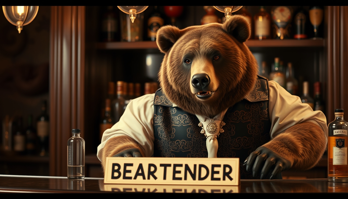 A movie still, a bear in a fancy shirt bartending, with a sign saying "BEARTENDER" on the bar.