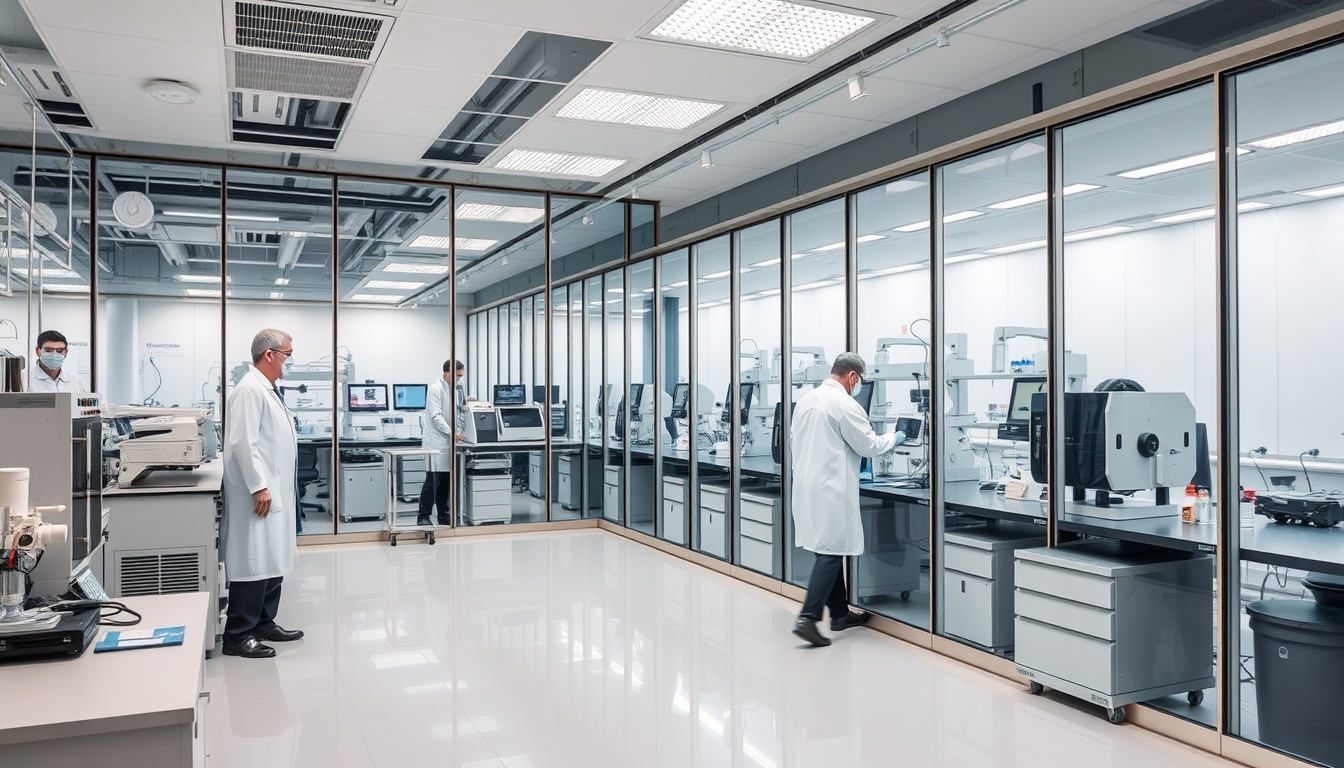 A high-tech laboratory with glass walls and advanced equipment, scientists at work.