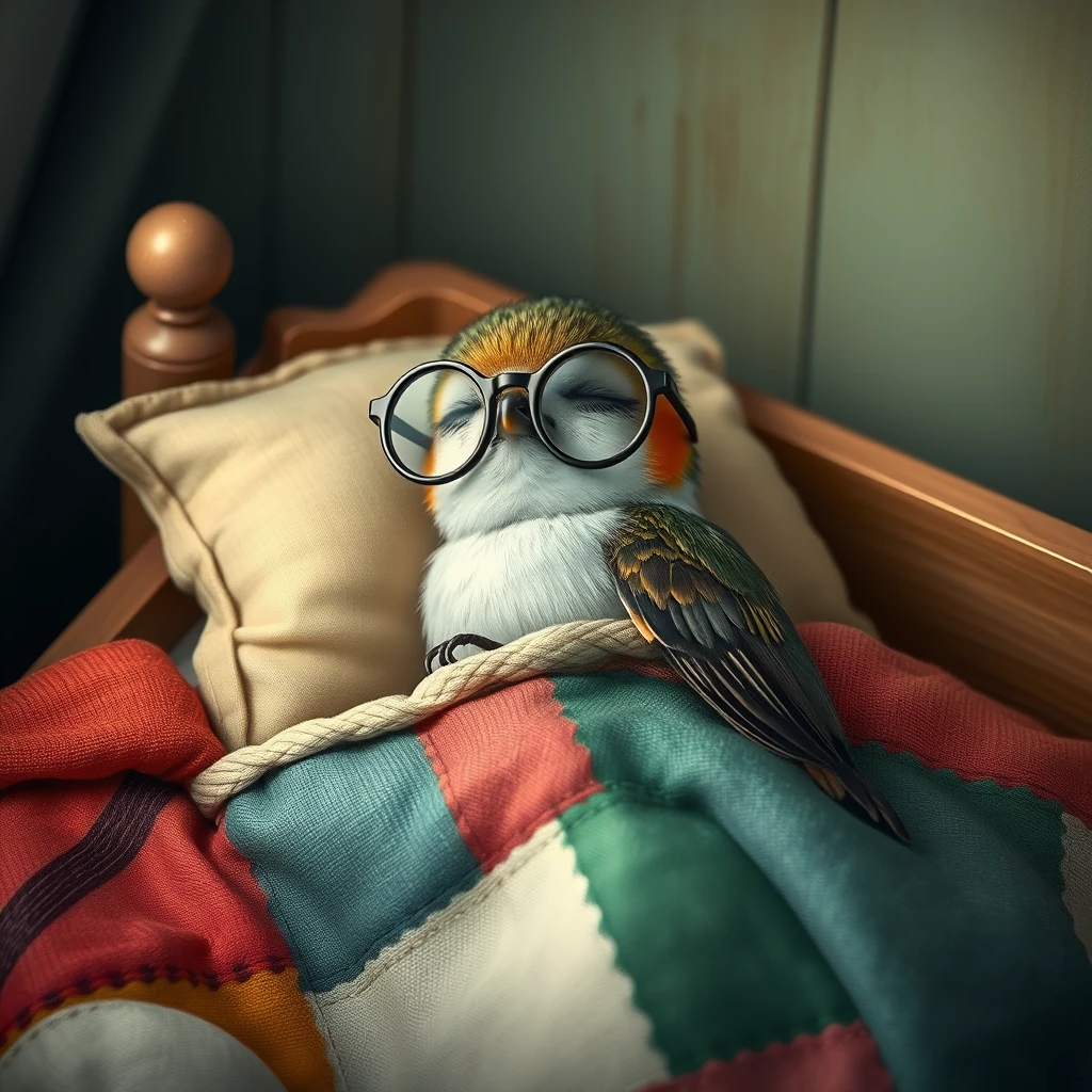 Sweet little hummingbird with glasses sleeping in its little bed with patchwork blankets.