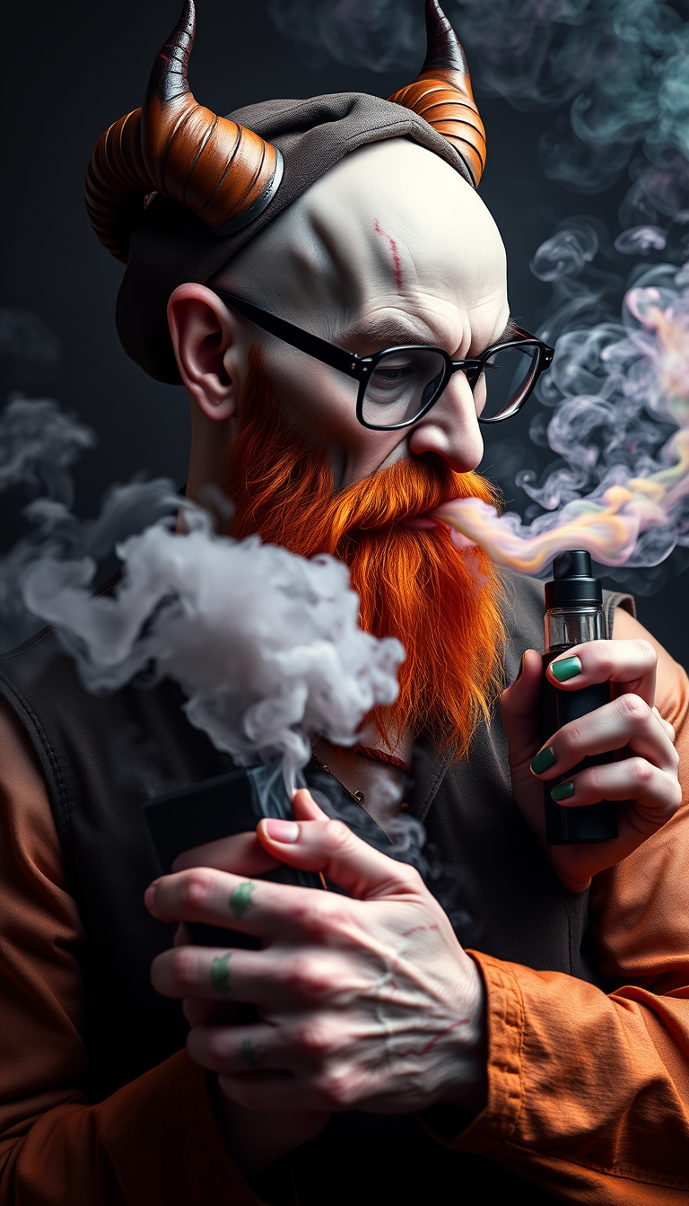 Three-quarter view of a sinister, bald human male with necromancer lich features. Demonic horns, short fiery ginger beard contrasts with dark eyebrows. Wears a weathered flat cap and aviator glasses. Clutches a sleek vape mod, exhaling dense, swirling vapor clouds. Vibrant e-liquid drips off his pale skin, creating a colorful aura.