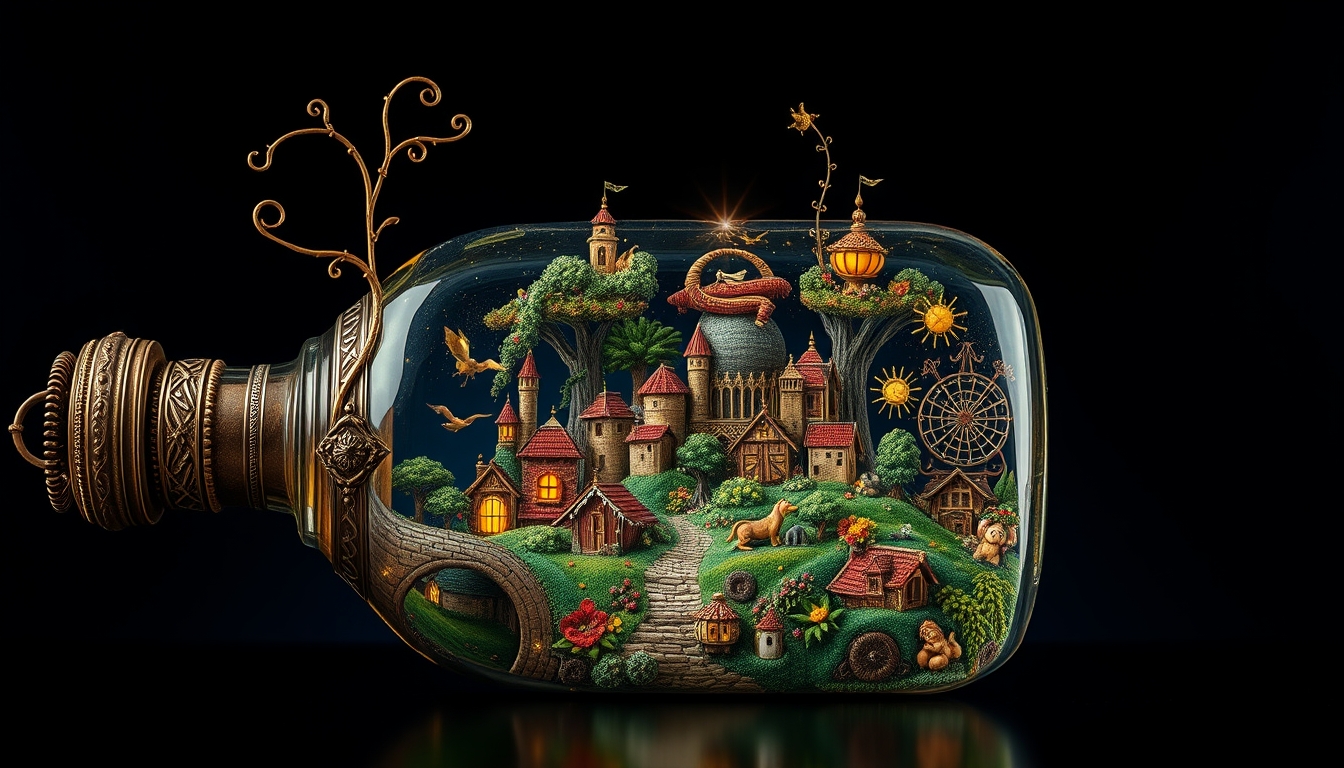 best quality, reality-shot, realism, realistic photography of an elaborate bottle with whimsical elements, magical fairytale landscape, fantasy style art, dark blue theme, intricate details, ultra sharp, exquisite detail, flawless composition, vivid colors, masterpiece, exciting background.