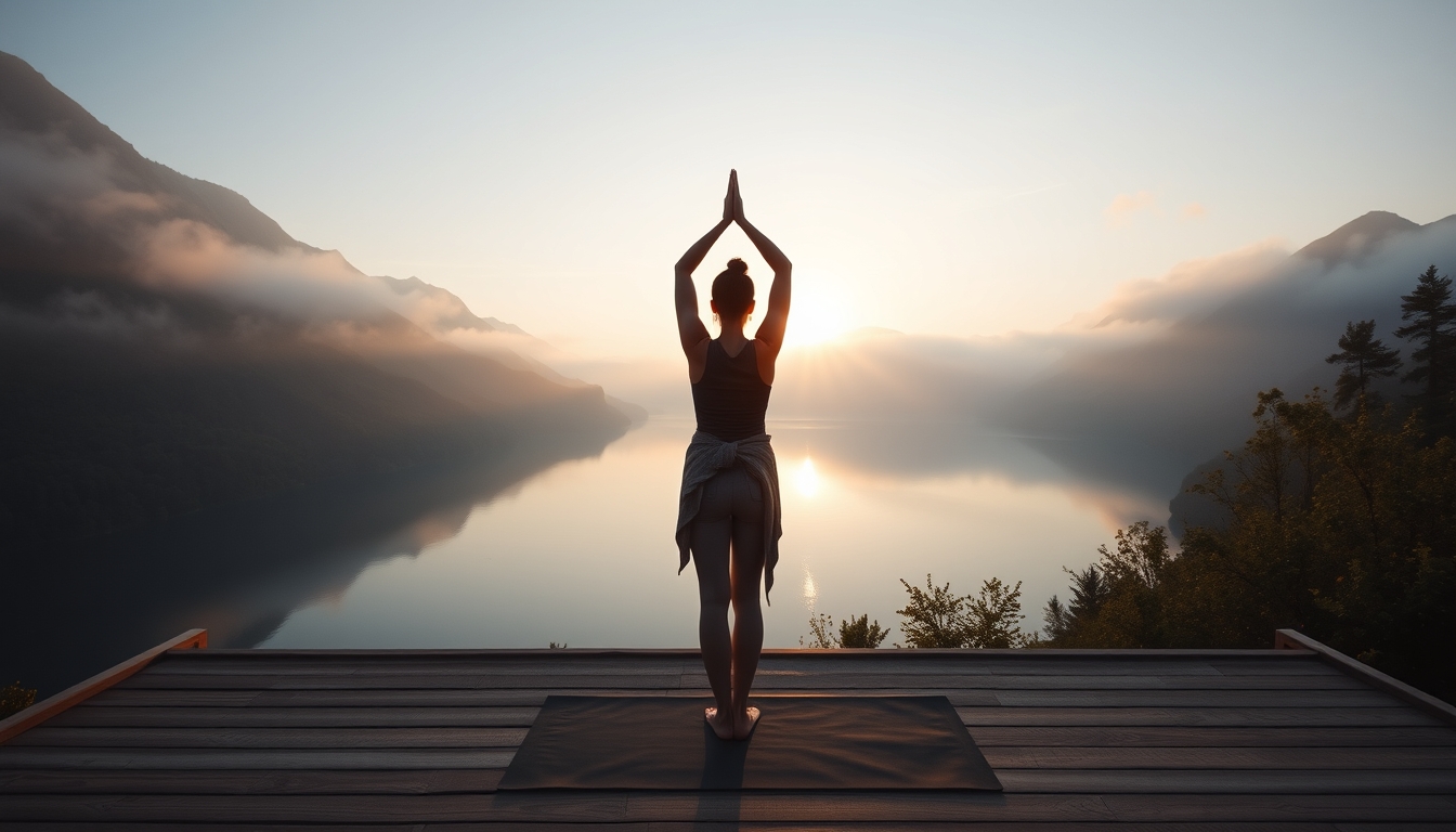 A serene landscape featuring a yoga practitioner on a wooden deck overlooking a tranquil lake, surrounded by misty mountains at sunrise. - Image