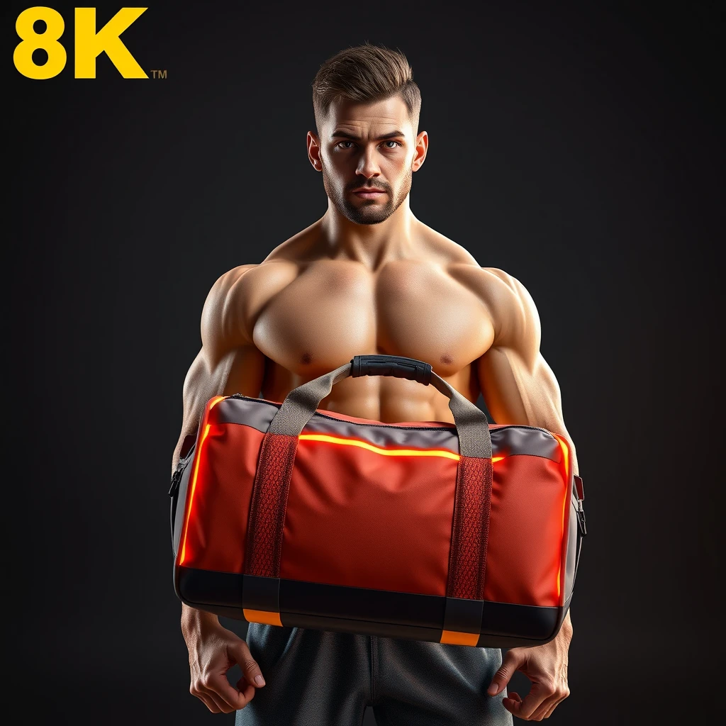 8k super high quality 3d image of a muscular man with a gym bag that is glowing - Image