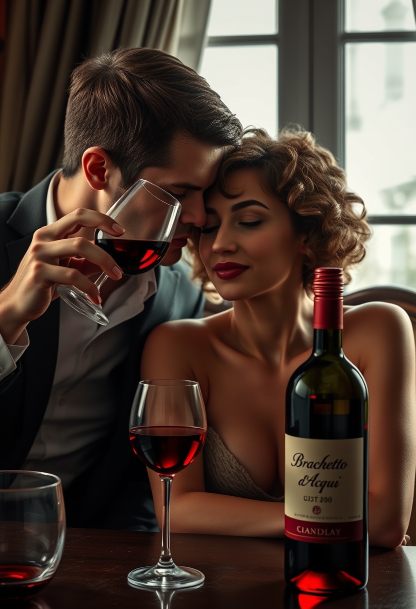 Photorealistic image, beautiful woman with short, curly hair. She is drinking a glass of red, sparkling wine. On a table in front of her is a bottle of wine, red, with the label saying "Brachetto d'Acqui". A man, about 30 years old, short hair, very elegant, leans over her shoulder, whispering in her ear. In a dimly lit room, with a window behind them. - Image