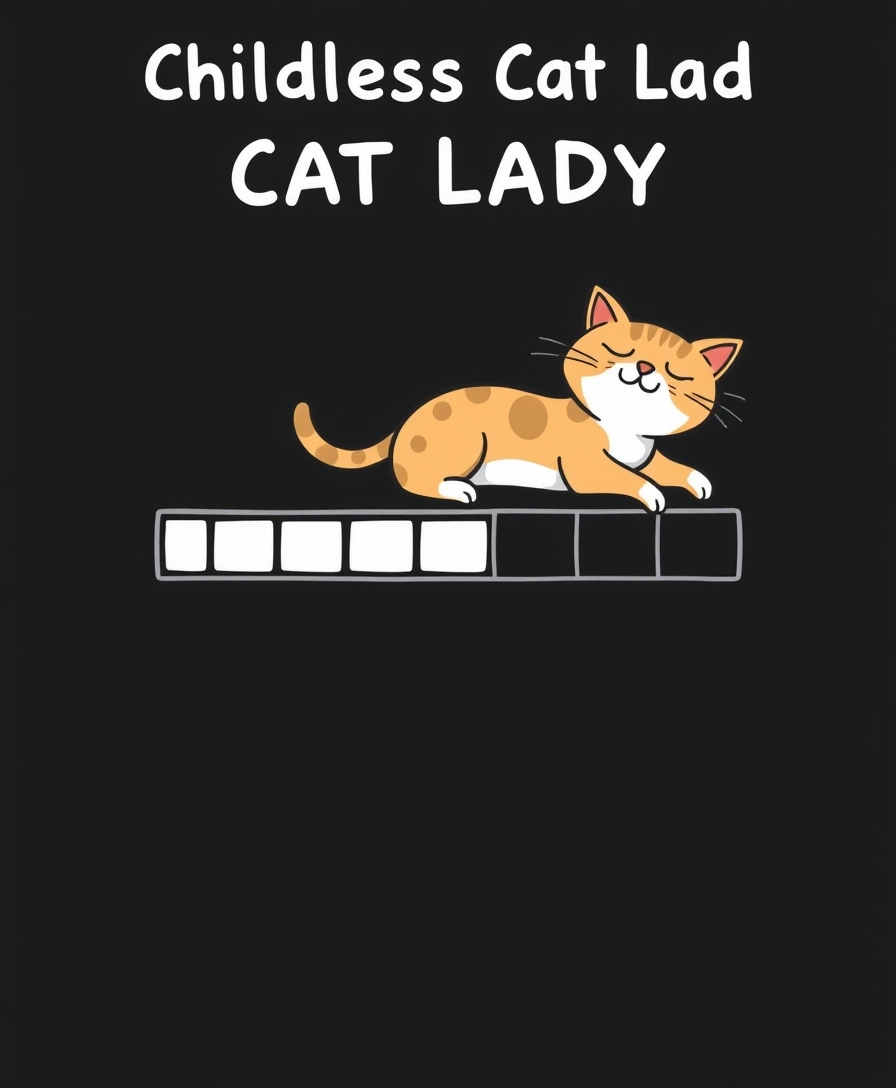 A quirky and fun cartoon illustration featuring a cat resting comfortably on a five-segment loading bar. The cat, with his eyes closed and his arms outstretched, appears to be enjoying a moment of relaxation. The first segment of the loading bar is colored white, signifying the beginning of the energy loading process. Above the cat and the bar, white text on a black background reads, “Childless Cat Lady.” The interesting combination of the cat’s slow demeanor and the familiar concept of a loading bar creates a charming and playful image that is both engaging and soothing, typography, illustration. - Image