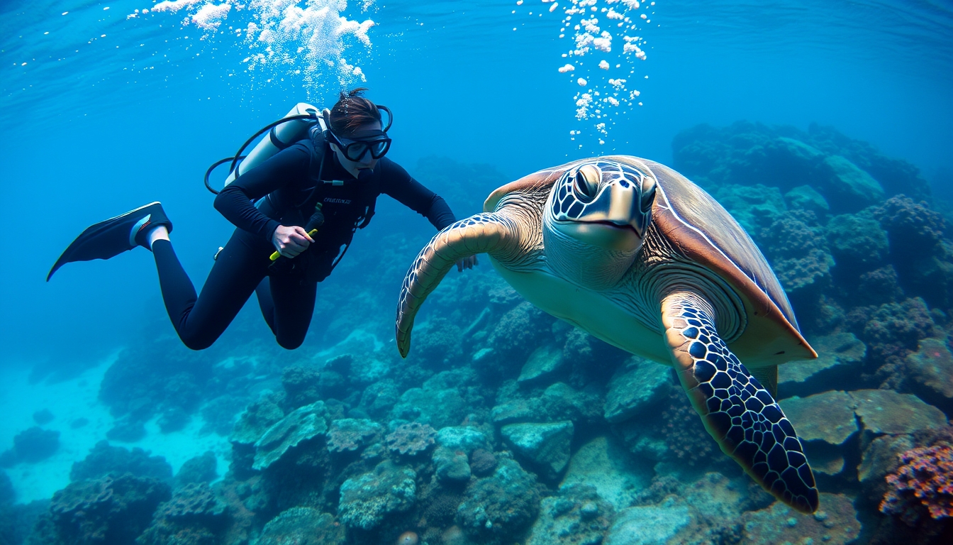 A powerful underwater shot of a diver swimming alongside a majestic sea turtle, with vibrant coral reefs in the background.