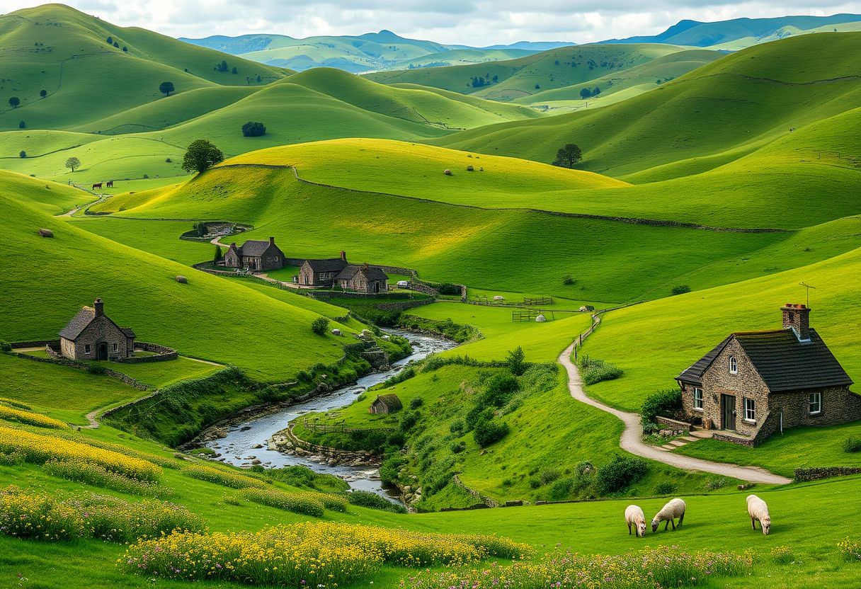 Rolling, green hills, pastoral, idyllic, countryside, meandering streams, vibrant wildflowers, grazing livestock, picturesque, high quality, photorealistic::0.7 ancient stone cottages, winding pathways, charming, peaceful, rural farmhouses, straw bales, grazing sheep.