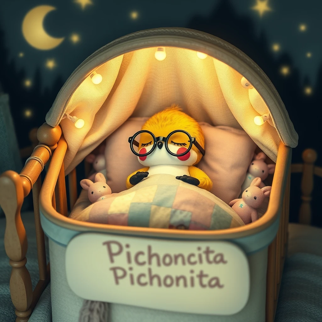 "Imagine it's nighttime. A delicate soft Kawaii hummingbird with glasses is sleeping in its little bed, with fireflies, covered with a patchwork blanket, surrounded by tiny cute stuffed bunnies and the name 'Pichoncita' written on the crib." - Image