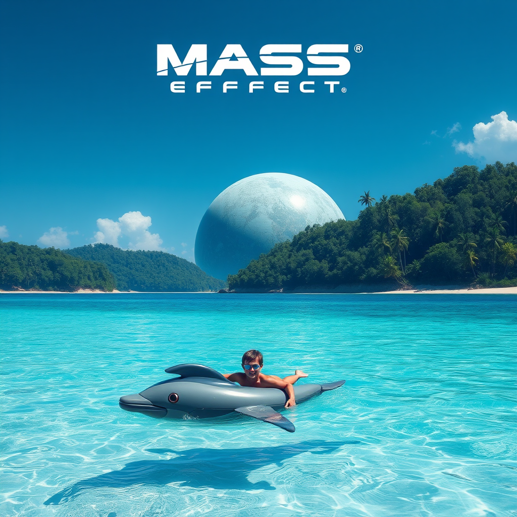 Mass Effect, Palaven Turian planet, blue clear sea, beach, forest, kid swimming on dolphin inflatable float. - Image