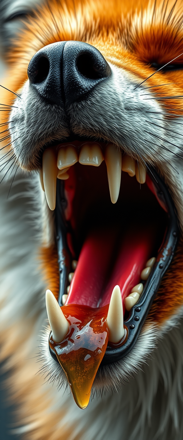 Furry art style, capture the details of the fox's mouth while hunting, details of the throat, the throat area should be bright, details of the teeth, details of the saliva, the entire mouth is full. - Image