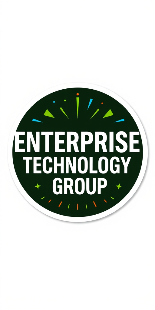 Create a sticker with the text "Enterprise Technology Group" featuring a celebration theme. Use the Futura PT Heavy font and a green color palette. - Image