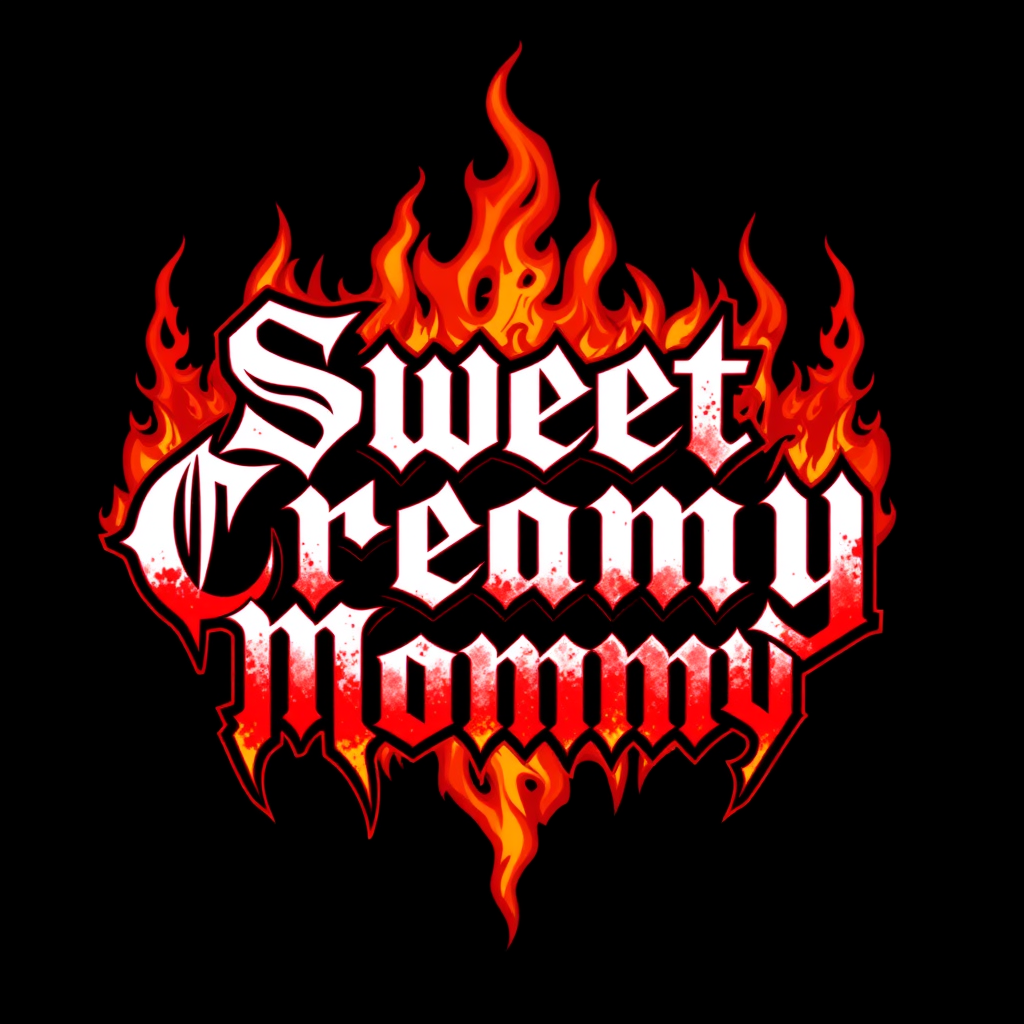 T-shirt design of a stylish death metal band logo for "Sweet Creamy Mommy" in red with fiery orange embers and char effects around the lettering. - Image