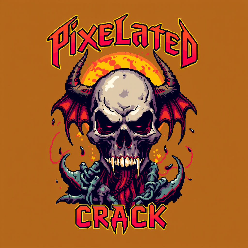 Tee shirt design with a blocky colorful 8-bit style of a death metal band blended with chiptune. And the visual should be unique and striking but macabre blended with beauty, and the band name is "Pixelated Crack". - Image