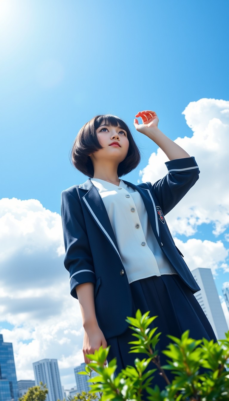 A Japanese high school girl with short black bob hair, wearing a traditional Japanese school uniform consisting of a white blouse, a navy blue skirt, and a navy blue blazer with a school emblem. She is standing outdoors under a bright blue sky with large, fluffy white clouds. The background includes a cityscape with modern high-rise buildings. The composition captures her from a low angle, emphasizing the vast sky and clouds behind her. The sun is visible in the upper left corner, creating a strong lens flare effect. The girl is looking up and slightly to the side with a serene expression. She is not holding anything above her head. The lighting is bright and creates high contrast, typical of a sunny summer day. Some green foliage is visible in the foreground, likely from trees or bushes. The overall scene has a crisp, clean aesthetic with vivid colors, capturing the essence of a bright, clear day in an urban environment. - Image