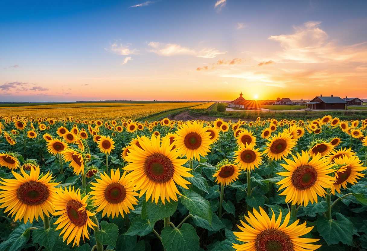 Vibrant, sunflower fields, golden blooms, high quality, photorealistic, summer, cheerful, idyllic, rural, panoramic, breathtaking, rural farmhouses, blue skies, windblown fields, sunset, floral arrangements.