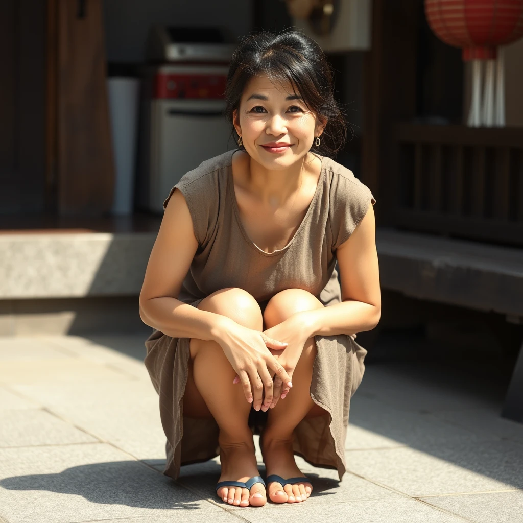 A beautiful middle-aged Japanese woman squats down, wearing a dress.