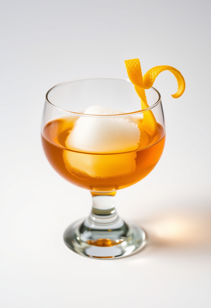 Luxurious whiskey cocktail with sugar cube and twisted citrus peel garnish, served in an elegant tulip-shaped glass on a crisp white background.