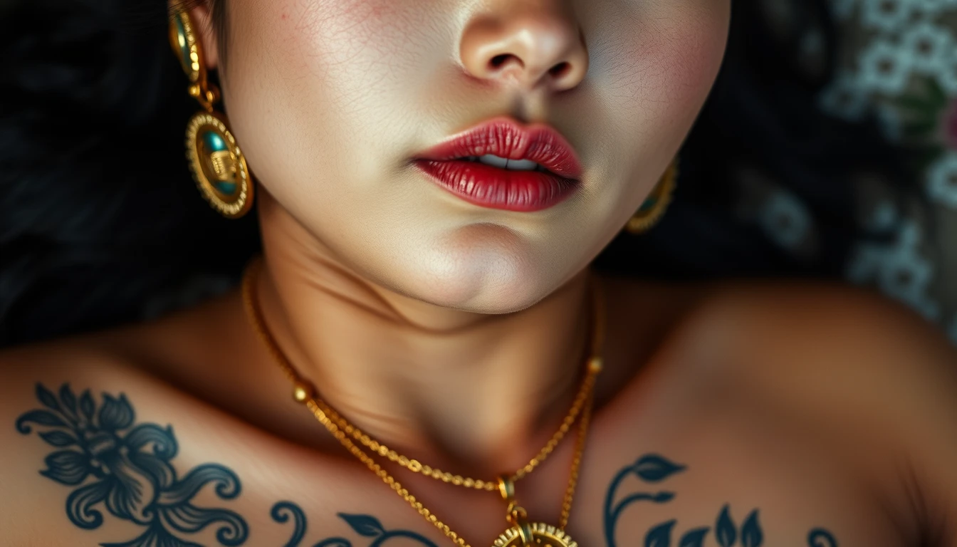 Close-up view of the tattooed chest of a Korean Indian woman with white skin and beautiful facial features, blue eyes, wearing gold ornaments, lying down. - Image