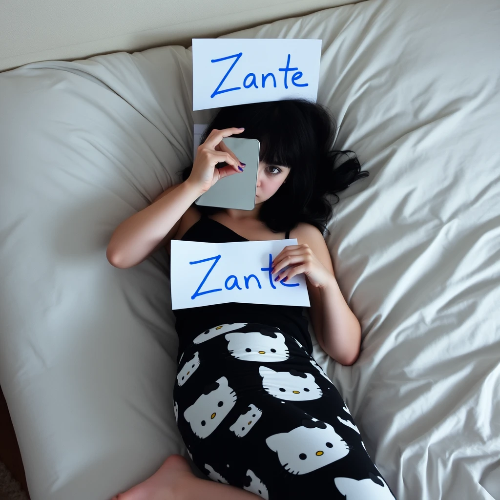 A gothic girl is lying on the bed wearing Hello Kitty pants. She shows half of her face to the mirror. What is reflected in the mirror is a piece of paper. Also, the paper is on top of the girl's bed, and the writing on the paper is blue, and it says "Zante" on it. - Image