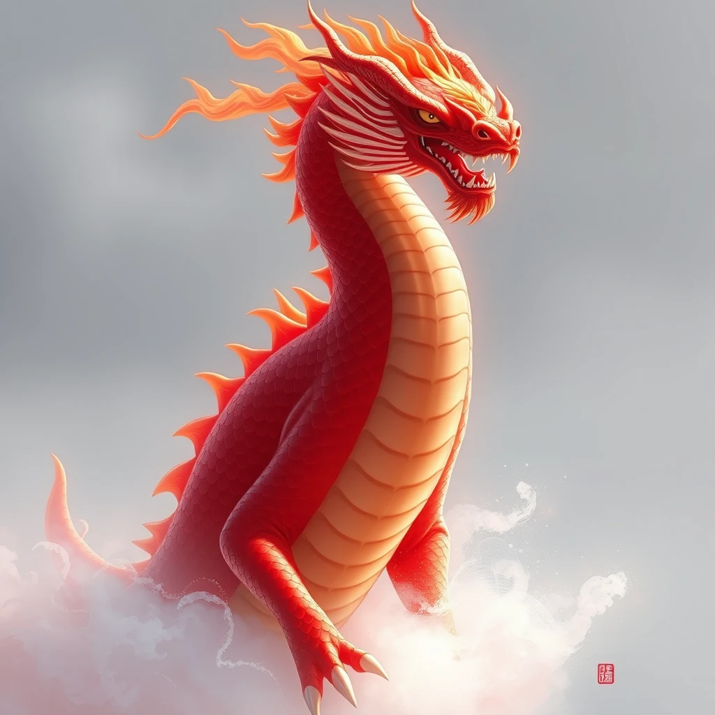 Please generate an image based on the following description:

Basic Form
Body Shape: The Zhu Long is described as a gigantic red dragon, measuring a thousand li in length, showcasing its enormous physique and endless majesty. This size not only symbolizes its power but also hints at its significant status in ancient Chinese mythology.
Color: The Zhu Long is covered in red scales that shimmer in the sunlight, blazing and dazzling like flames. This color not only adds to its mystery but also makes it a symbol of fire.

Head Features
Face: The Zhu Long has a human-like face, making it particularly unique among many mythical beasts. Its elongated, slanted eyes reveal an air of invincibility. It is said that the Zhu Long's left eye represents the sun and its right eye the moon; opening the left eye brings day, while opening the right eye brings night, further emphasizing its control over time and light.
Mouth: The Zhu Long's mouth can open wide, revealing sharp teeth and a tongue that resembles flames.
Horns and Whiskers: The Zhu Long also has horns and whiskers on its head, which further enhance its majesty and mystery. The horns symbolize power, while the whiskers give an impression of wisdom and ancientness.

The Zhu Long resides on a sacred mountain called Zhang Wei Mountain, located in the extremely cold northern regions. The harsh environment and remote location only serve to highlight the Zhu Long's majesty and mystery.

The image background reflects the dwelling place of the Zhu Long, with the text description: "Shan Hai Jing - Zhu Long." - Image