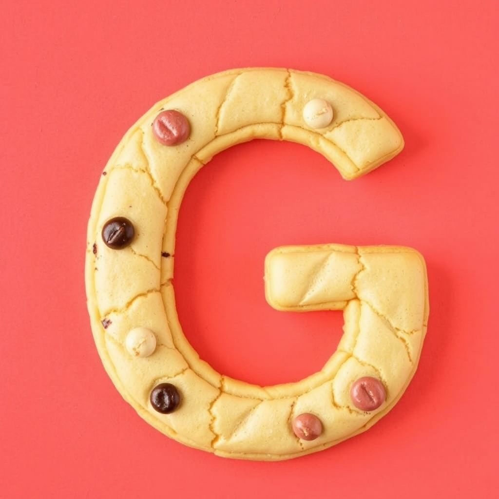 A letter "G" made of colored cookies, light red background, realistic photograph.