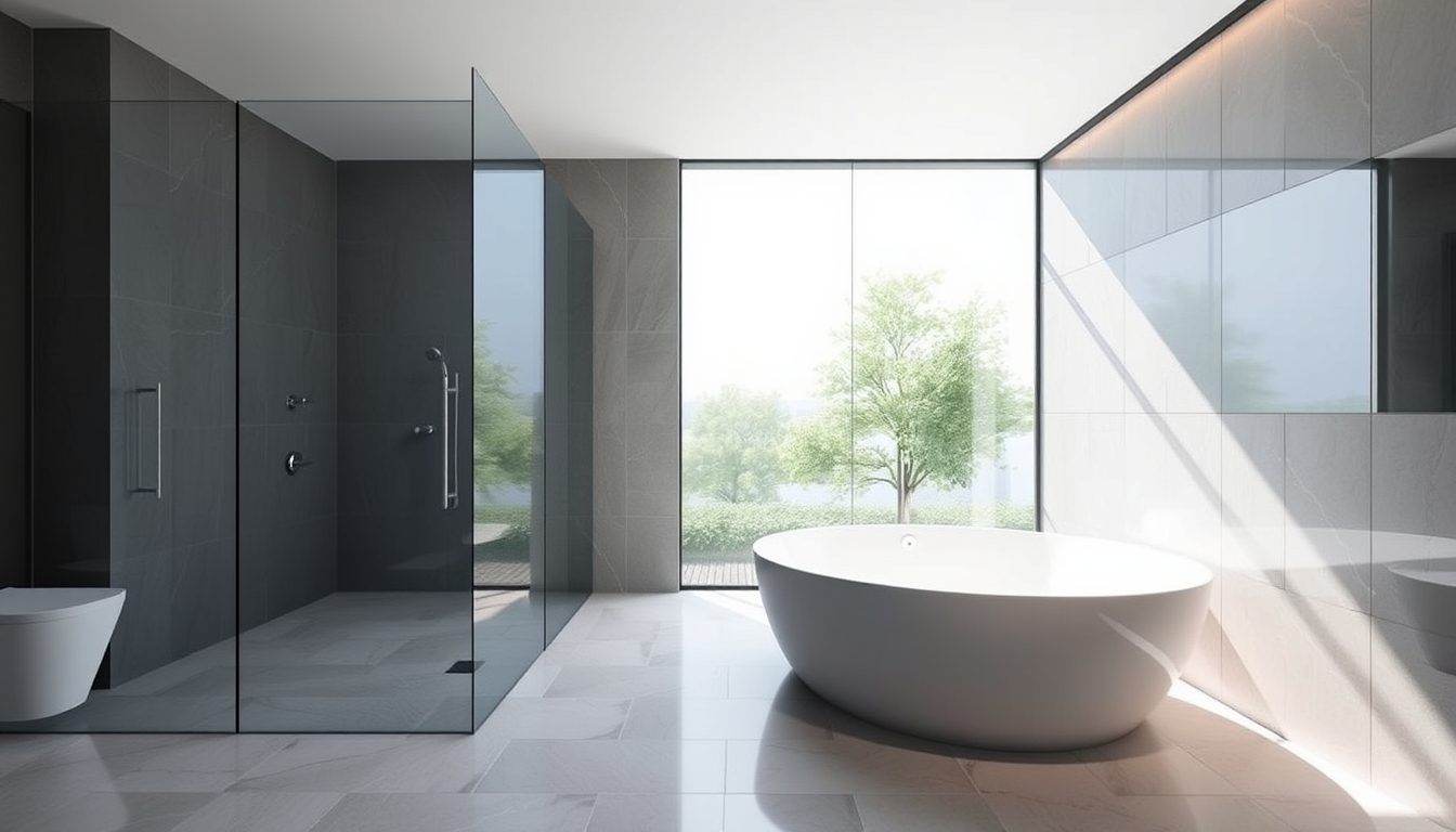 A sleek modern bathroom with glass walls and a luxurious soaking tub.