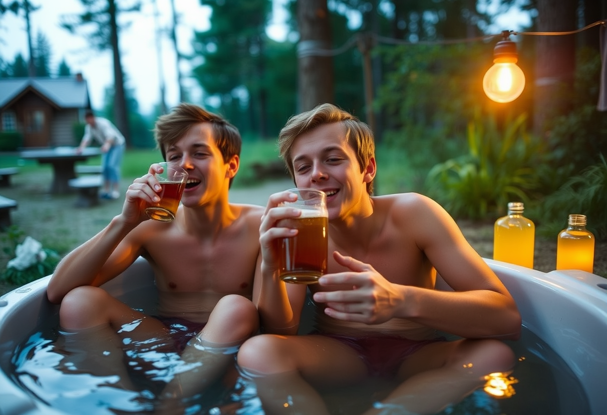 Two summer campers get drunk on moonshine while they take their post-activity bath.