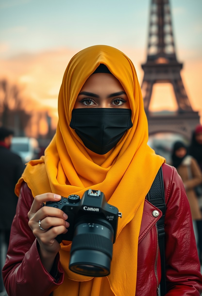 Biggest hijab yellow Muslim girl, beautiful eyes, face mask black, red leather jacket, black biggest skirt, hold camera DSLR CANON, sunrise, morning scenery, Eiffel Tower, hyper realistic, street photography. - Image